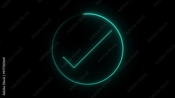 glowing neon cyan aqua color check mark animation icon tick sign accept select confirm correct agree animated on black background