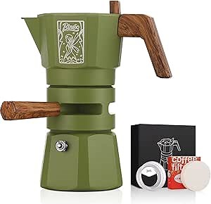 Bincoo 120ML Stovetop Espresso Maker Double Valve Moka Pot with Thermostat Extractor Prevent over-extraction,Italian Espresso Moka Pot with Powder Dispenser and Filter Paper for Home(Green)