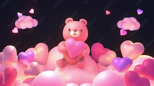 Looped cartoon cute bear holding a heart sitting on the clouds animation.