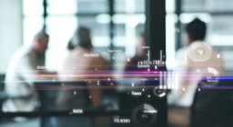 Digital graphic, overlay and stock data for programmer meeting with...