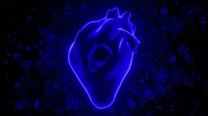 Bright background.Design. A yellow and blue heart made in animation that impulsively beats and rotates.