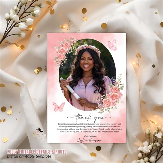 Wildflower Graduation Thank You Card With Photo, Senior Grad Party Thank You Note, Pink Birthday Thank You Cards, Digital Printable Template - Etsy