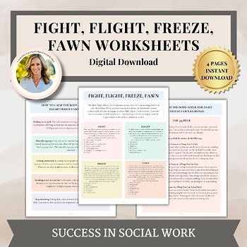 Fight Flight Freeze Fawn therapy worksheets, stress response, fight or flight