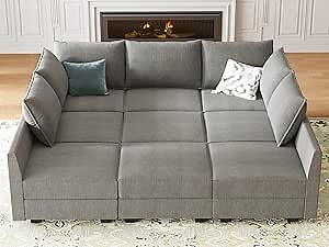 HONBAY Modular Sectional Sofa with Storage Modular Sleeper Sectional Sofa Oversized Sectional Couch for Living Room, Grey