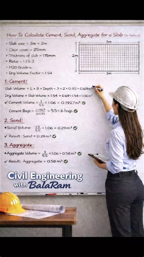 Civil Engineering with BalaRam | Slab Concrete Quantity Calculation – IS Method ✅ Cement, Sand & Aggregate correct units lo 🧱 No bags confusion ❌ Clear slab dimensions &... | Instagram