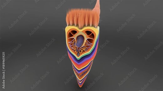 Animated 3D cross-section video of a tooth revealing its internal structure, including enamel, dentin, pulp, and nerves.