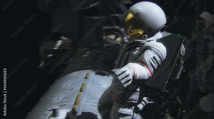Cinematic orbit shot of an astronaut working on the ISS. Realistic 4K animation.