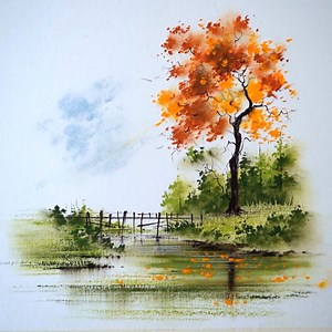 Oil pastel autumn landscape drawing with a beautiful tree - easy tutorial for beginner | Morning Drizzle