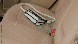 Thief's hands reach through broken side window stealing handbag from car interior crime vehicle theft. Hands of thief grab purse through shattered side glass taking it from car vandalism auto crime.