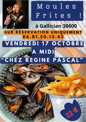 Envie d'un bon Moules Frites, entrée plateau de fromages dessert vin et café inclus pour 22€ uniquement ?😉 Vous aurez également le plaisir d'écouter Régine PASCAL, Ambassadrice de la Camargue, vous raconter sa Camargue bien aimée au travers de ses chansons 🎶🎶 ☎️ : Pensez à réserver au 06.81.50.13.43 🥳🥳 | Régine PASCAL, Ambassadrice de la Camargue