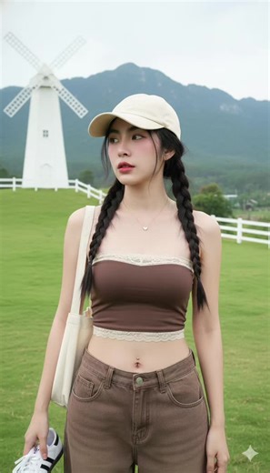 #สร้างภาพผู้หญิงต้นฉบับ #สร้างภาพโดยใช้ใบหน้าต้นฉบับ #แจกpromptฟรี #aiภาพสมจริง Gemini Create a realistic portrait image (face 100% like the original, no editing) on a green grassy hill with a large mountain and trees in the background Natural atmosphere, natural light, with a large white windmill and a white fence. The face is not looking at the camera. Cute Korean-style makeup. Cherry pink lips, pink cheeks, fair skin. Thick braided hair on both sides, loose with small strands covering the fac