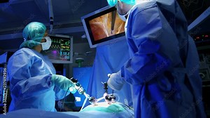 Laparoscopy Medical training operation transmitted on hospital monitors performed by Caucasian hospital surgeons wearing gloves and scrubs