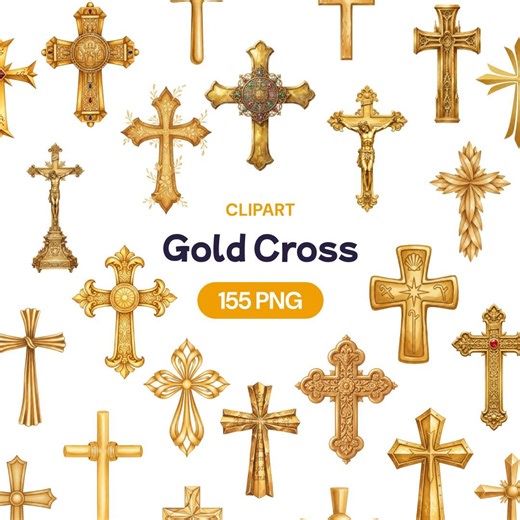 Gold Cross Clipart, 155 Metallic Christian PNG, Watercolor Religious Symbol, Ornate Filigree, Baptism Invite, Wedding, Golden Easter Art - Etsy