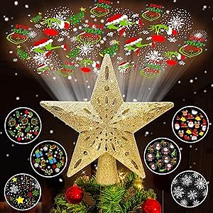 Christmas Tree Topper Star Lighted with 6 Projection Modes,Christmas Star Tree Topper Projector Built-in LED Rotating Lights,3D Glitter Dynamic Projector Party Christmas Decorations (Gold)