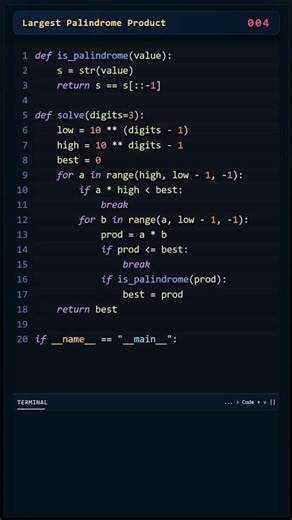 Project Euler Problem 004: Largest Palindrome Product solved withPython #coding #programming #python
