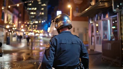 Faceless officer in riot gear at night, law enforcement personnel ready, crowd control equipment, public safety maintenance, urban security, emergency response preparation, with co