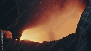 Pouring bright hot liquid steel or metal from ladle in a blast furnace foundry metallurgical factory. Steel mill iron smelting process with bright sparks and smoke.4K