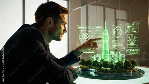 Man architect examines hologram city model in office. He touches building and studies structure details. Scene shows interaction with model and interface for urban planning review. Now. Final review.