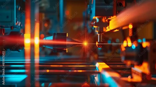 A laser cutter in action within an industrial setting, showcasing the intense precision and bright, fiery sparks as it slices through metal, highlighting advanced manufacturing technologies