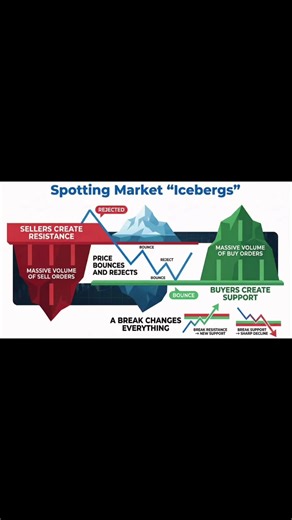 Spotting Market Icebergs: Master Support & Resistance Levels Spotting market “icebergs” is key to mastering price action! Sellers create resistance with massive sell orders, while buyers create support with heavy buy orders. These hidden forces cause prices to bounce or reject at critical levels, and when a break occurs, everything changes—new trends emerge. Learn how to identify these zones and trade smarter by watching for volume spikes that reveal the iceberg beneath the surface. #daytrading 