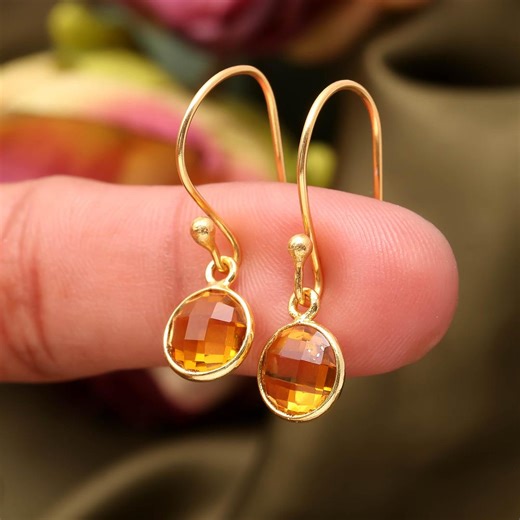 Pretty Citrine Quartz Round Loop Earrings, Faceted Hydro Quartz Dangle Drop Earrings, November Birthstone Gifts, Girls Jewelry - Etsy