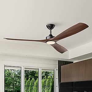 60 Inch Walnut Ceiling Fan with Lights, 3 Blades, Remote Control, Indoor/Outdoor, Reversible DC Motor, Timer, Dimmable, 3 Color Tone