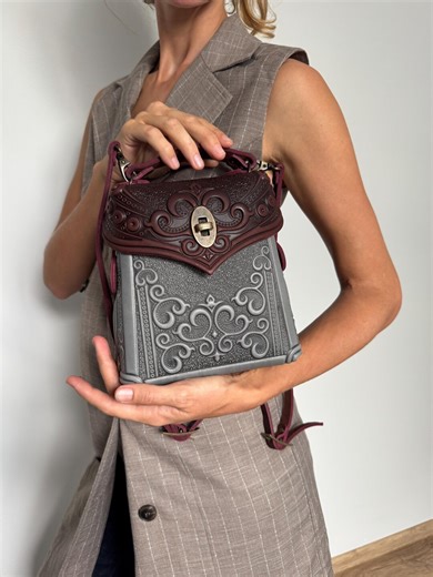 Convertible Small Backpack Purse, Crossbody Bag, Leather Handbag, Messenger Bag, Burgundy & Grey Shoulder Purse - Etsy