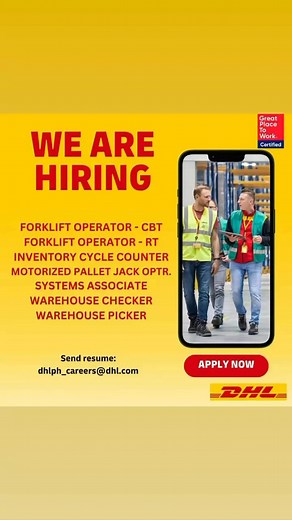 DHL NOW HIRING FOR CALAMBA LAGUNA WAREHOUSE 📣📣📣❤️💛 Para sa mga Interested applicants magkakaroon kami ng Open-House Recruitment activity! 👇 HOW TO APPLY? 1. Join us on Wednesday , January 8, 2025! WHERE: mag Walk-In to DHL Warehouse RLX Cmpd Brgy Maunong Calamba City Laguna TIME: 8am-12nn Bring Valid ID and Resume 2. For those who can’t join, Interested candidates can apply by clicking on the link: https://forms.office.com/e/DsqpgpErfh WHY JOIN US? - Direct employment - Free uniforms and PP