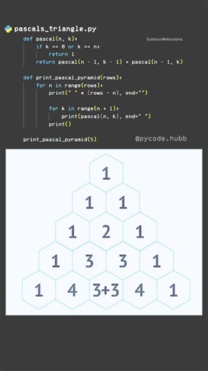 Gulshan Mehra on Instagram: "Ever wondered how to code a mathematical masterpiece? ✨ ​Pascal’s Triangle isn't just a pattern; it’s a beautiful recursive challenge. This Python script builds it row by row using simple logic: each number is just the sum of the two above it!PascalsTriangle #PythonRecursion InstagramReels2026 #ReelItFeelIt"