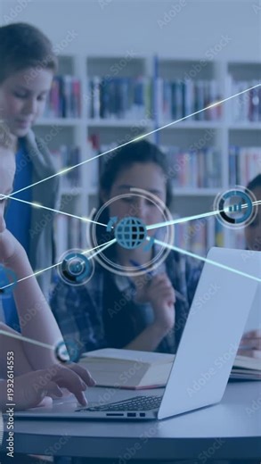 Vertical video: Girl typing on PC at library starting HUD over them growing into charts for study