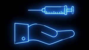 Download hand icon carrying a syringe icon with neon effect for free