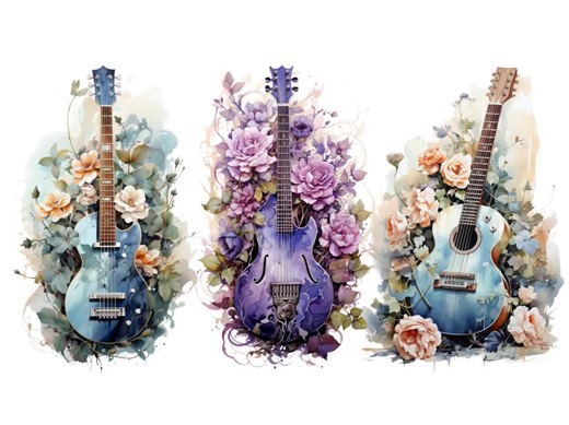Floral Guitar clipart bundle, Watercolor music stickers, Commercial use instrument stickers bundle Sublimation print flowers transparent png