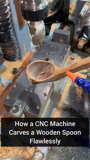 Amature Tech on Instagram: "This video showcases a CNC milling machine precisely shaping a wooden spoon from a blank piece of wood. A rotating cutting tool removes material while generating visible wood shavings, and a blue flexible hose supplies air or coolant to keep the cutting area clear. The workpiece is securely held in place with a specialized fixture, ensuring accurate and consistent shaping. The demonstration highlights the combination of advanced machinery and traditional woodworking c