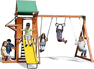 Amazon.com: Sportspower Roseville Wooden Swing Set: Play Fort, Bench with Table, Sandbox, Trapeze, and 6' Slide - Green/Yellow : Toys & Games