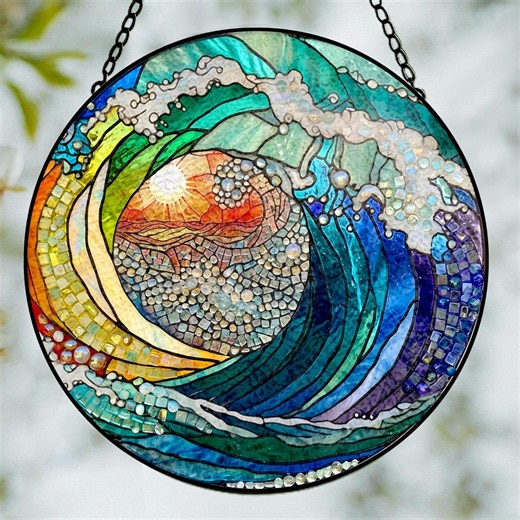 Ocean Wave Window Stained Glass, Coastal Beach Glass Window Hanging, Handmade Ocean Decor, Beach House Gift, Sea Lover Coastal Home Decor - Etsy