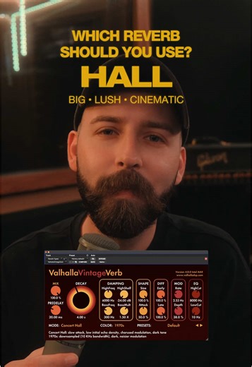 Know which reverb to reach for 👇 • Hall reverb — Long, lush decay Great for strings, pads, orchestral parts, cinematic vocals • Room reverb — Short with early reflections Perfect for vocals, drums, piano, and guitars when you want a natural sounding space. Meant to emulate real rooms • Chamber reverb — Vintage, highly reflective, textured Great for vintage-style vocals and instruments when you want to add character to your tracks • Plate reverb — smooth, dense, shimmery A staple for vocals and 