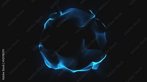 Abstract dynamic looped blue energy sphere of particles and waves of magical glow on black background, video 4k
