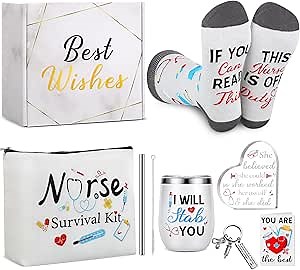Sliner 7 Pcs Nurse Appreciation Gifts for Women Men Stainless Steel Tumbler Keychain Sock Makeup Bag Acrylic Sign Blessing Card Box