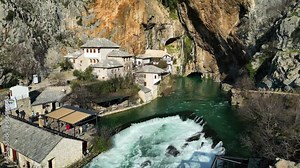 Aerial drone view of Tekija in Blagaj in BiH. The Tekija, dervish house, set at the source of the river Buna, was and still is a venue for dervish Zikr praise-chanting three nights weekly.