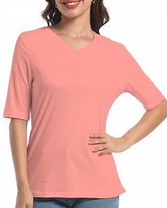 Casual V Neck T-Shirts for Women, Trendy Half Sleeve Elbow Length Tops