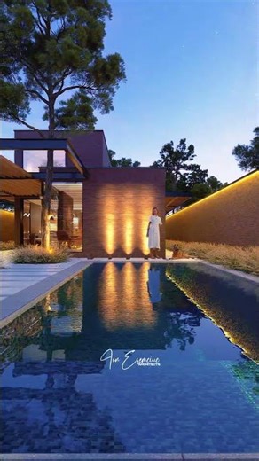 Modern Brick House Design with Linear Pool & Night Lighting
