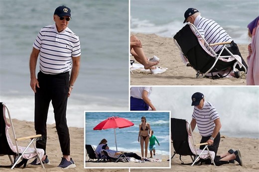 Biden struggles to set up beach chair in Malibu during first Fourth of July weekend since leaving office
