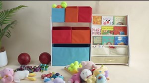 Toy Organizer with Bookshelf, Large Capacity Toy Storage Organizer with 6 Foldable Toy Bins, 3-Tier Solid Wood Kids Bookshelf and Toy Storage, Easy Assembly Toy Shelf Organizer