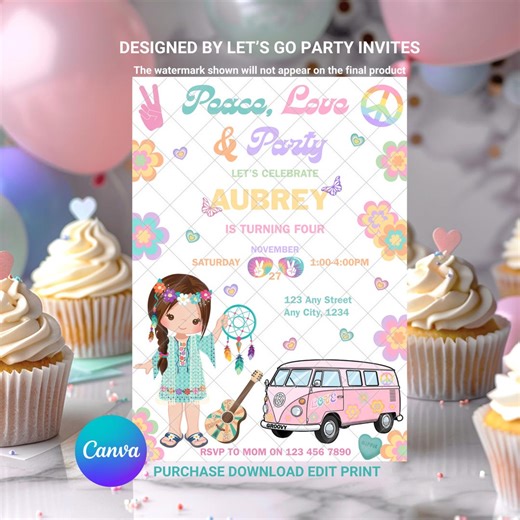 Hippie Boho Birthday Invitation: Peace Love Groovy Retro Invite EDITABLE Printable Canva Template Instant Download Digital Template - Etsy