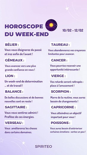 89K views · 471 reactions | ⭐​ Horoscope du Week-end ! 10/02 - 12/02 ⁠ #astrologie #astrologiecreative #signeduzodiaque #signes #signesastrologiques #astrotarot #lunaire #taroscope #signesastro #astrologique #astrologiehumaniste #horoscope #horoscopedujour #astro #horoscopedelasemaine #signe #weeklyhoroscope #gémeaux #bélier #verseau #lion #vierge #sagittaire #capricorne #themeastral #zodiaque #horoscopedumois #horoscopeduweekend #taureau #balance | Spiriteo | Facebook