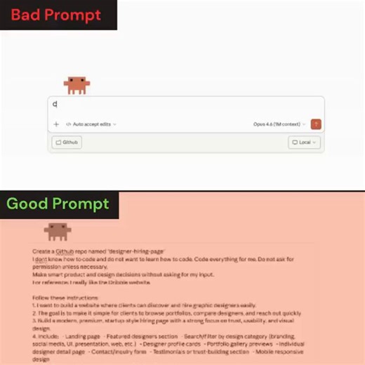 You’re not using AI wrong.You’re managing it like an intern instead of hiring it like a CTO.That’s why it gives average results.This one prompt style flips everything:Instead of saying:“build me a responsive website using HTML CSS”Say this:“Create a GitHub repo named [project-name]I don’t know how to code. Build everything for meMake product & design decisions without askingUse [example site] as inspirationGoal: [what I want]Success criteria: [what winning looks like]Style: [modern/minimal/SaaS]