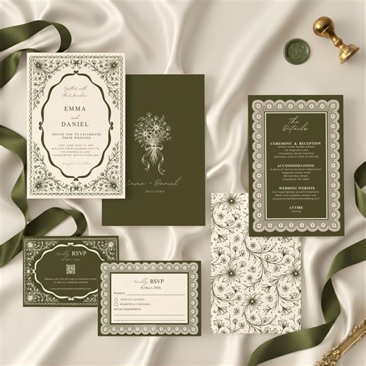 Olive Green Wedding Invitation Template, Vintage Floral Suite, Elegant Lace Border, Editable Canva Invite, Printable Garden Wedding Set - Etsy