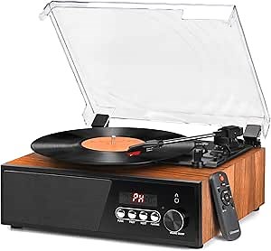 Vinyl Record Player Bluetooth with USB Digital FM Radio Remote Control Vintage Turntable for Vinyl Records with Speakers 3 Input RCA Line Out Brown