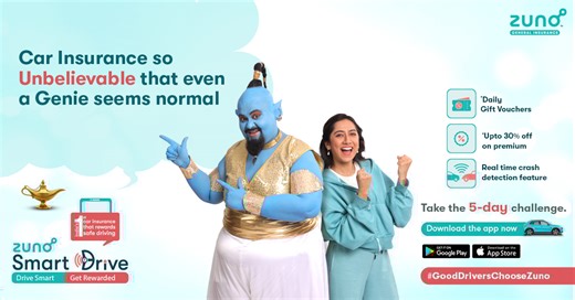 Who needs a genie when you’ve already got the magic with Zuno? Get rewards, discounts, and up to 30% off on your premiums for safe driving. With leaderboards to track your progress, every smart move gets you closer to amazing perks. Download the app now and take the 5-Day Challenge for more magic. It even has a Real-Time Crash Detection feature that gets you instant on-road help and claim assistance. This policy is genie-us! [Good Drivers Choose Zuno, Drive Smart, Get Rewarded, Zuno Smart Drive 