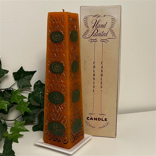 Hand Painted Colonial Candle With Original Box, Tall Amber Scrollwork Decor Candle - Etsy